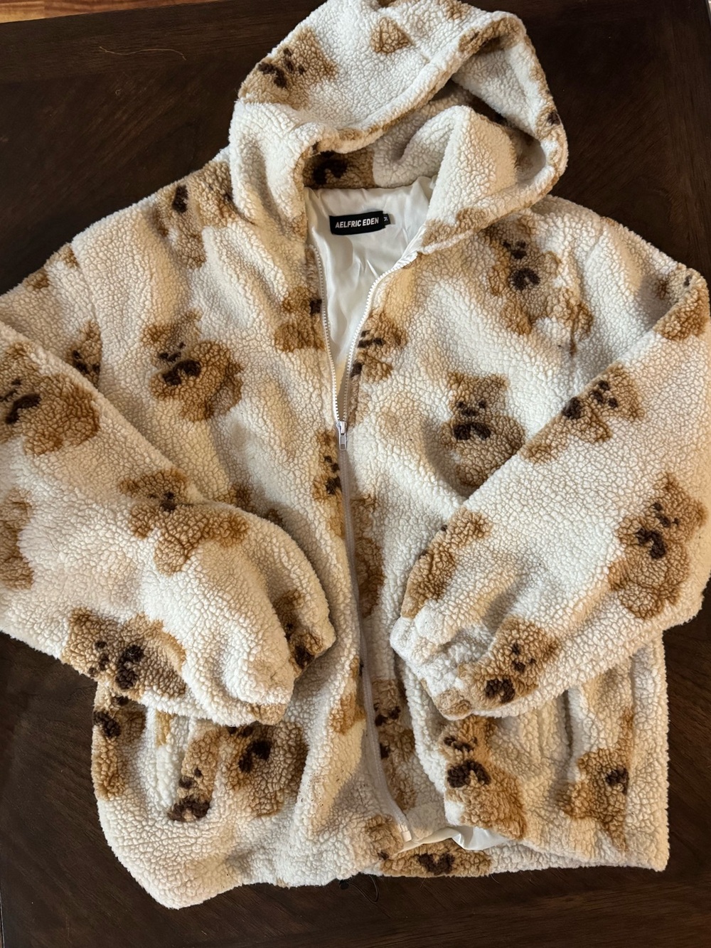 Aelfric Eden Cream Teddy Bear Sherpa Zip Hoodie Jacket with Brown Print